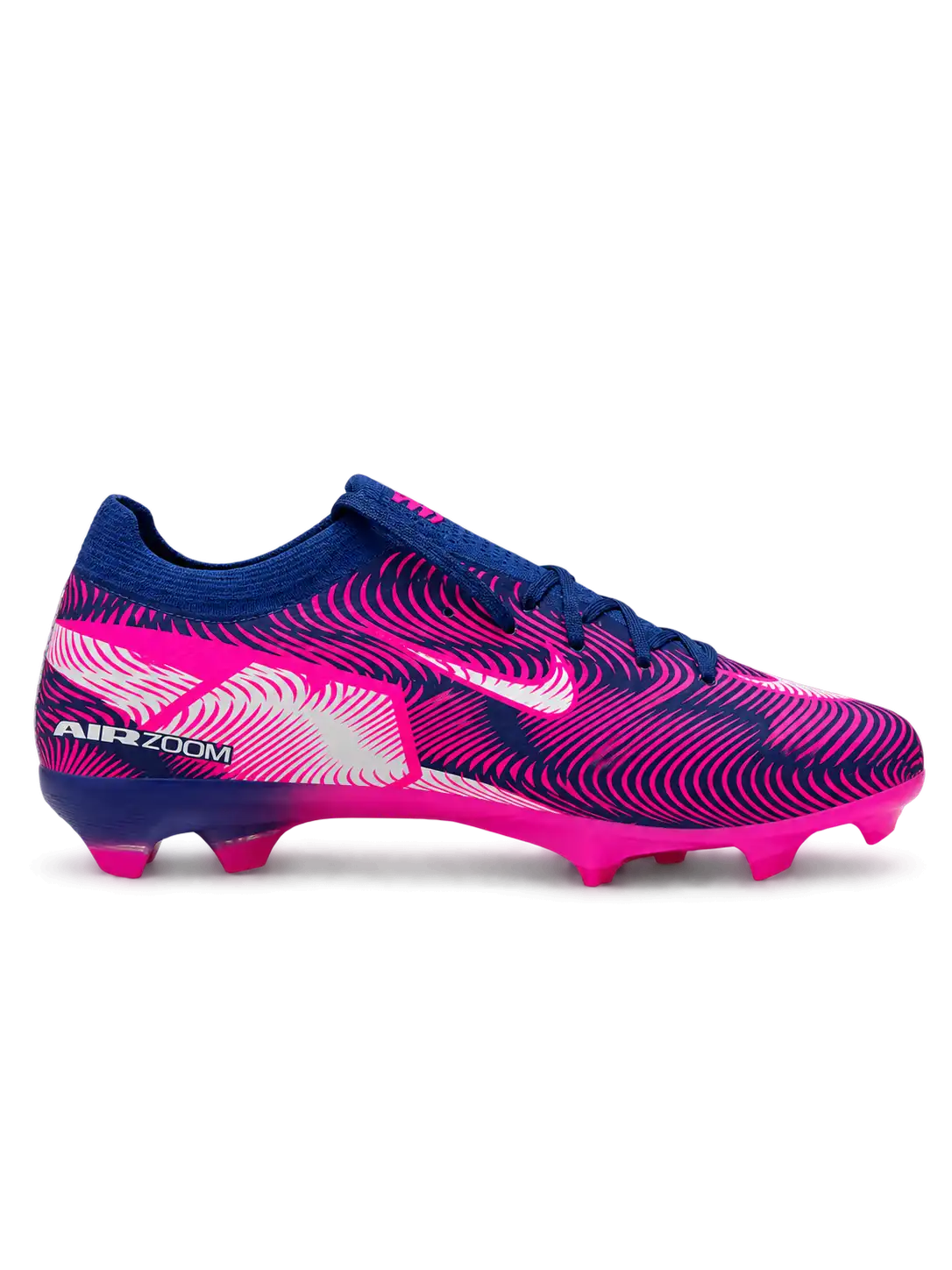 Nike Mercurial/マーキュリアル ネイビー×ピンクのFGサッカースパイク。曲線グラフィックを配したアッパーとピンクのアウトソールを組み合わせた側面デザイン