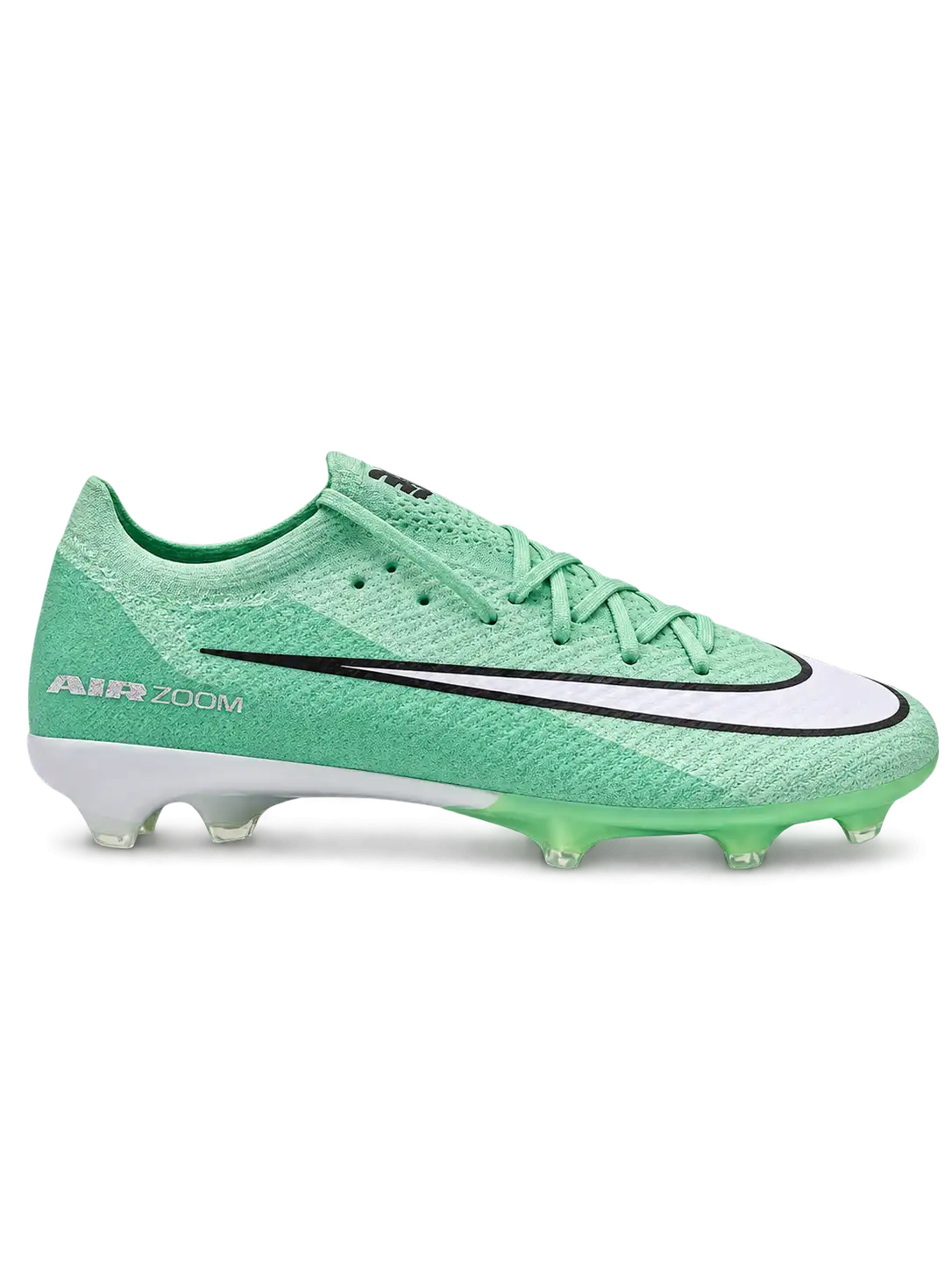 Nike Mercurial/マーキュリアル FG ミントグリーンのサッカースパイク、黒縁のホワイトスウッシュを配した側面と半透明グリーンのソール面