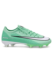 Nike Mercurial/マーキュリアル FG ミントグリーンのサッカースパイク、黒縁のホワイトスウッシュを配した側面と半透明グリーンのソール面