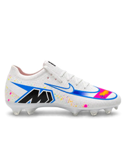 Nike Mercurial/マーキュリアル FG ホワイトのサッカースパイク、カラフルなスプラッシュ柄とブルー縁取りのスウッシュ、かかとのMロゴ
