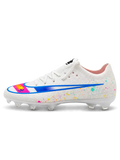 Nike Mercurial/マーキュリアル FG ホワイトのサッカースパイク、カラフルなスプラッシュ柄とブルー縁取りのスウッシュ、かかとのMロゴ
