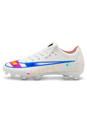 Nike Mercurial/マーキュリアル FG ホワイトのサッカースパイク、カラフルなスプラッシュ柄とブルー縁取りのスウッシュ、かかとのMロゴ