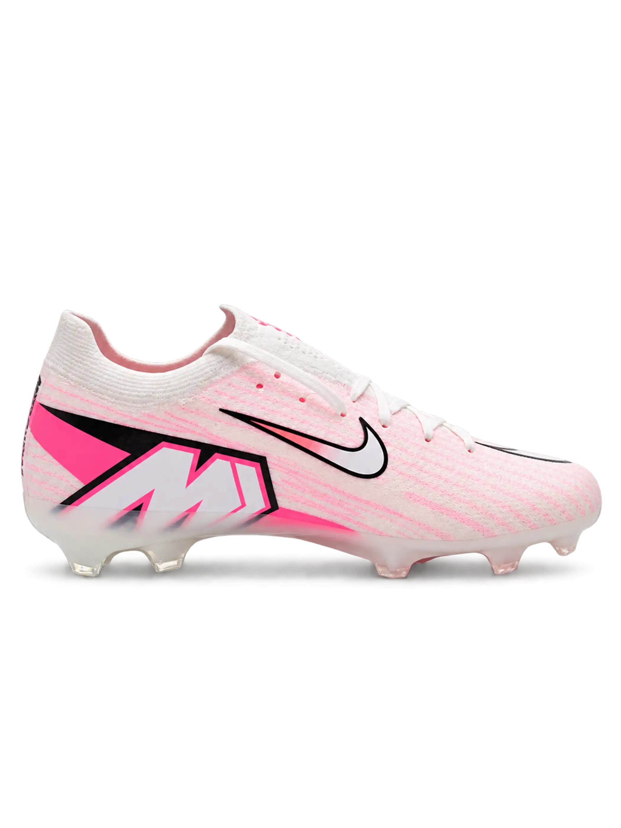 Nike Mercurial/マーキュリアル FG ホワイトとピンクのサッカースパイク、黒縁のホワイトスウッシュとかかとのMロゴ