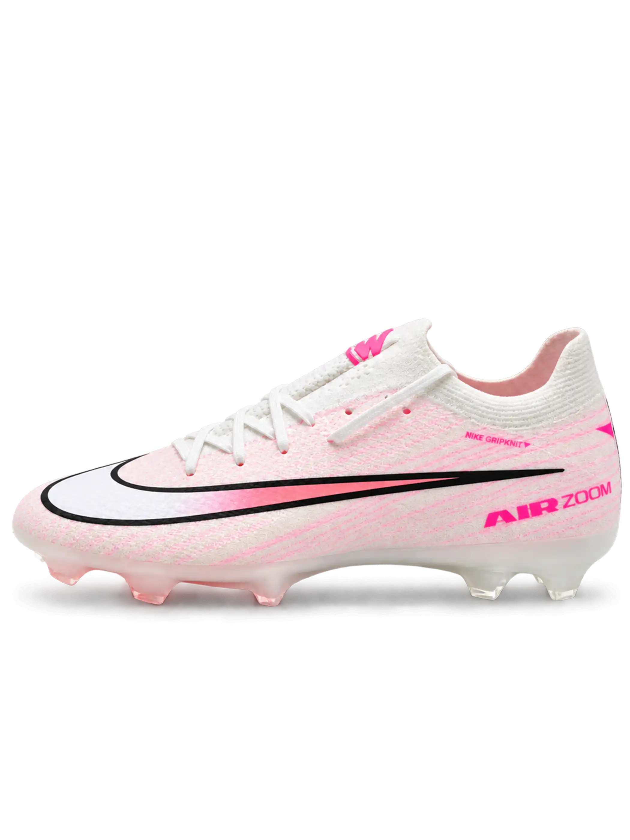 Nike Mercurial/マーキュリアル FG ホワイトとピンクのサッカースパイク、黒縁のホワイトスウッシュとかかとのMロゴ
