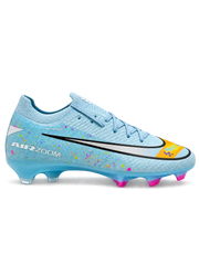 Nike Mercurial/マーキュリアル FG スカイブルーのサッカースパイク、カラフルなスプラッシュ柄とシルバーのスウッシュ、ピンクのスタッド