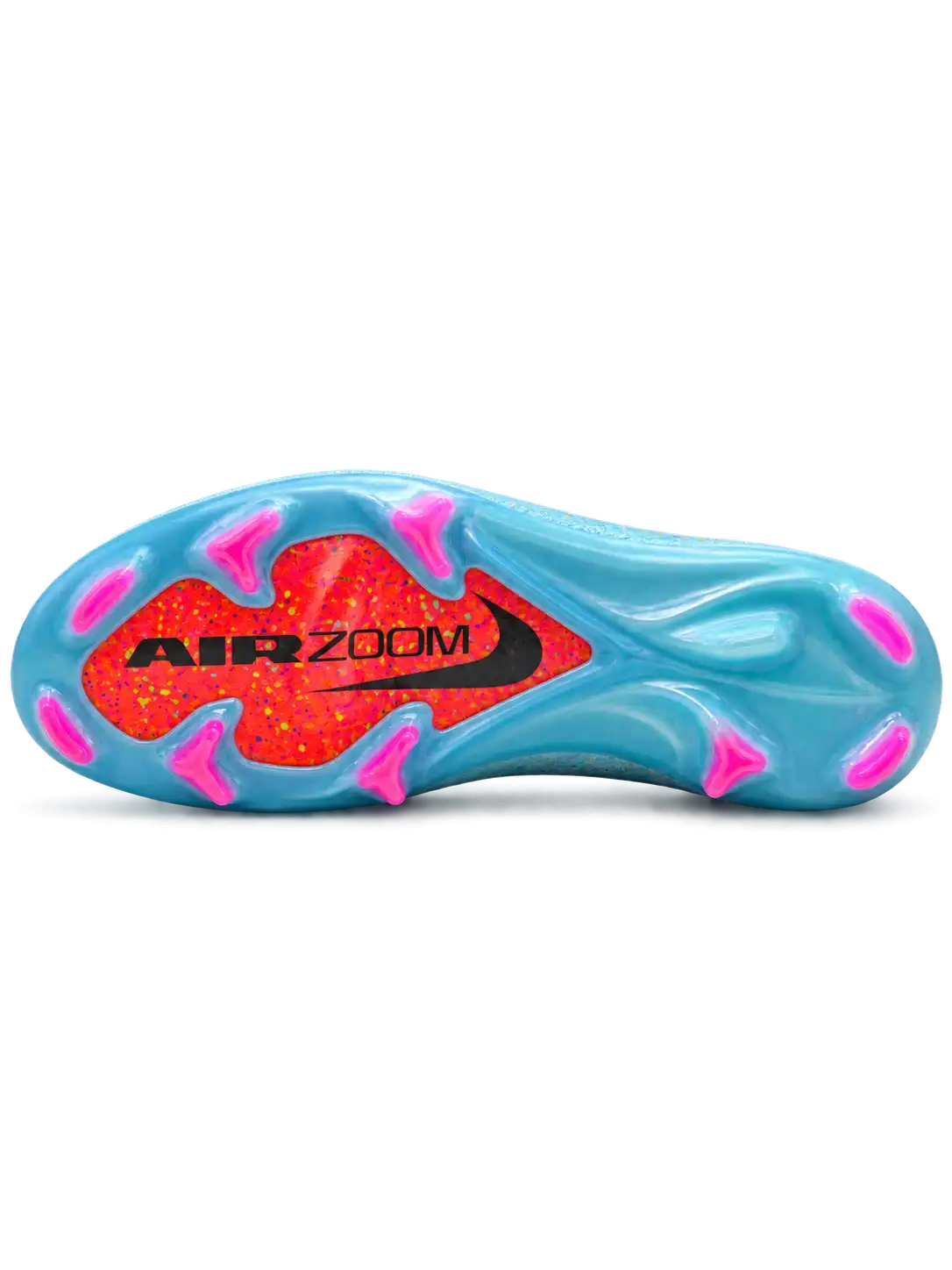 Nike Mercurial/マーキュリアル FG スカイブルーのサッカースパイク、カラフルなスプラッシュ柄とシルバーのスウッシュ、ピンクのスタッド