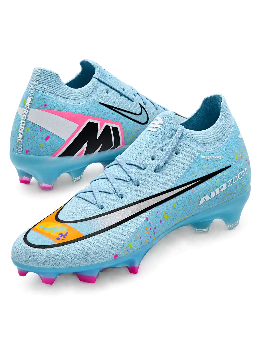 Nike Mercurial/マーキュリアル FG スカイブルーのサッカースパイク、カラフルなスプラッシュ柄とシルバーのスウッシュ、ピンクのスタッド