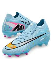 Nike Mercurial/マーキュリアル FG スカイブルーのサッカースパイク、カラフルなスプラッシュ柄とシルバーのスウッシュ、ピンクのスタッド