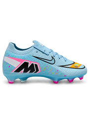Nike Mercurial/マーキュリアル FG スカイブルーのサッカースパイク、カラフルなスプラッシュ柄とシルバーのスウッシュ、ピンクのスタッド