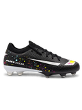 Nike Mercurial/マーキュリアル FG ブラックのサッカースパイク、カラフルなスプラッシュ柄とシルバーのスウッシュ、かかとのMロゴ