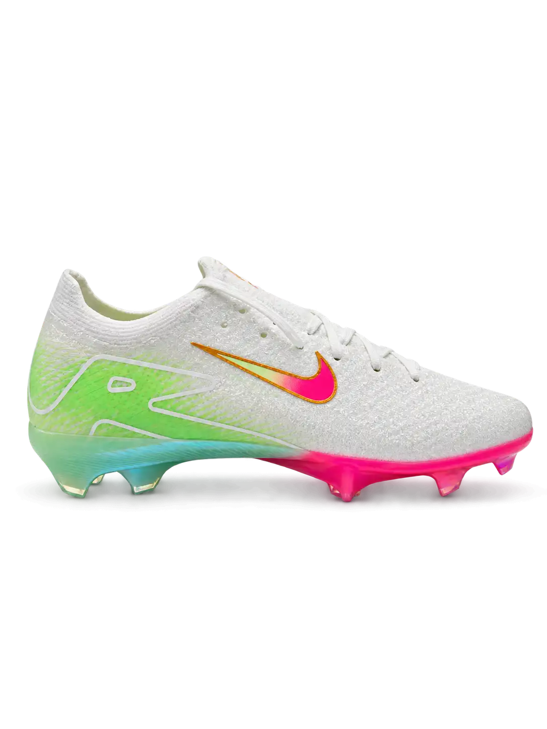 Nike Mercurial/マーキュリアル FG ホワイトとピンク、ライムグリーンのサッカースパイク、ゴールド縁取りのスウッシュと虹色のソールプレート