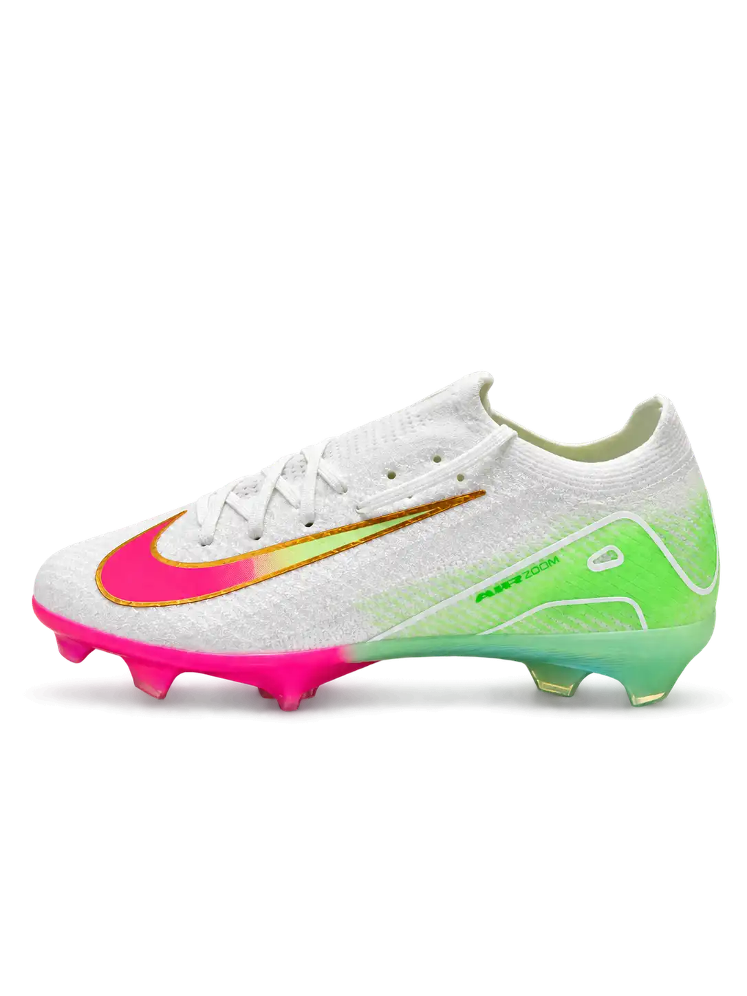Nike Mercurial/マーキュリアル FG ホワイトとピンク、ライムグリーンのサッカースパイク、ゴールド縁取りのスウッシュと虹色のソールプレート