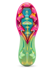Nike Mercurial/マーキュリアル FG ホワイトとピンク、ライムグリーンのサッカースパイク、ゴールド縁取りのスウッシュと虹色のソールプレート
