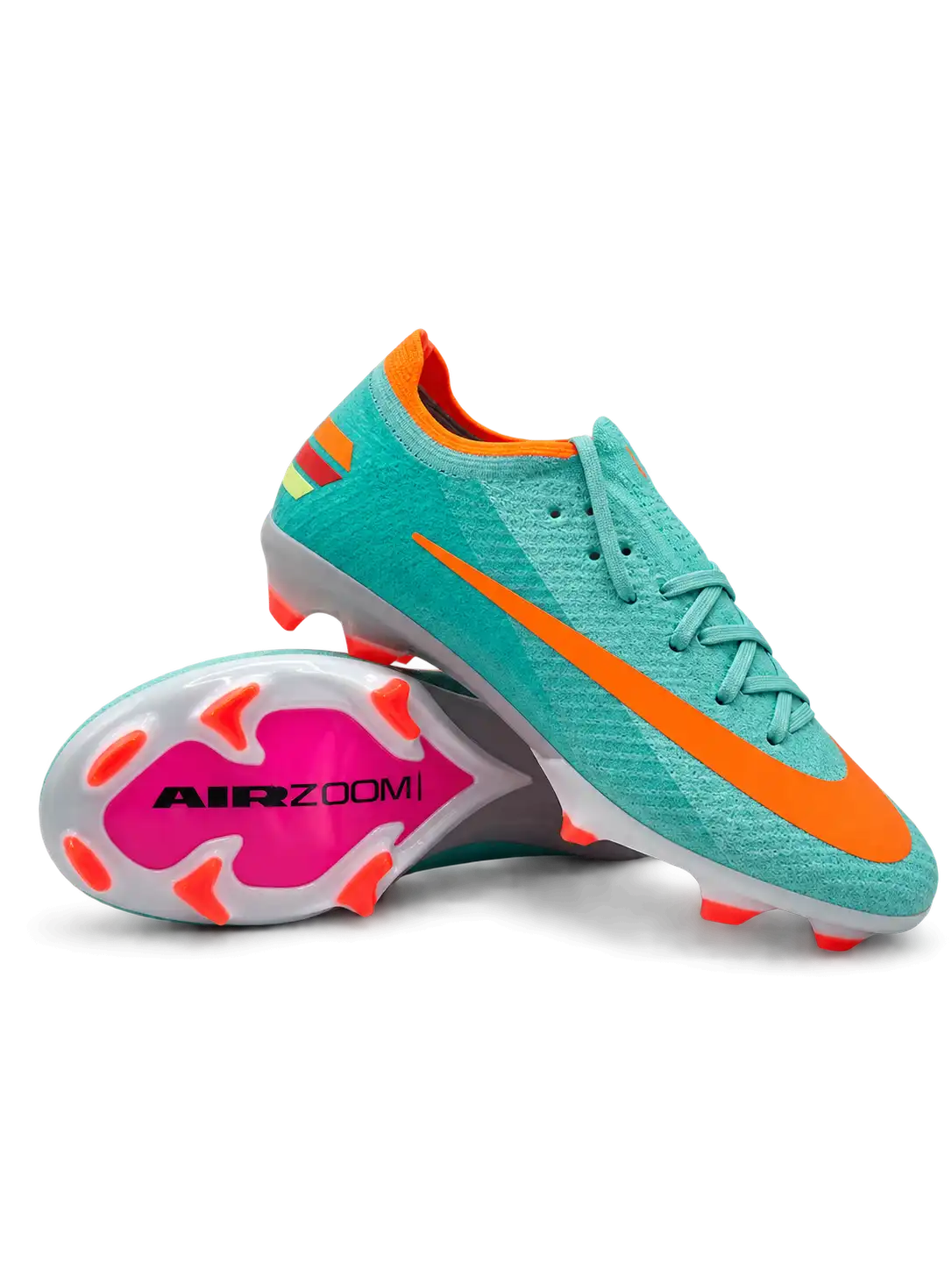 Nike Mercurial/マーキュリアル FG ターコイズのサッカースパイク、オレンジのスウッシュとピンクのAIR ZOOMソール面