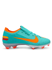 Nike Mercurial/マーキュリアル FG ターコイズのサッカースパイク、オレンジのスウッシュとピンクのAIR ZOOMソール面