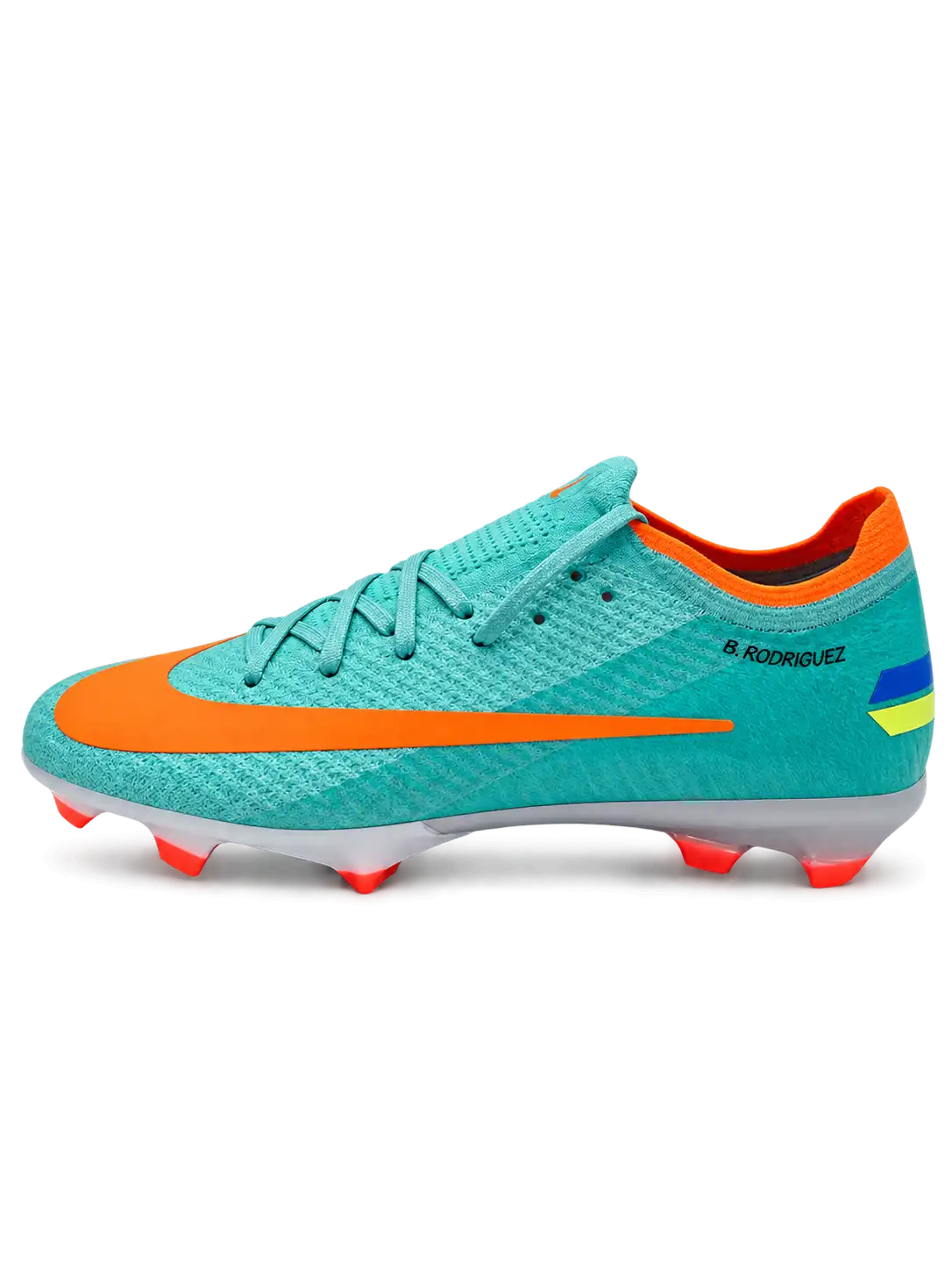 Nike Mercurial/マーキュリアル FG ターコイズのサッカースパイク、オレンジのスウッシュとピンクのAIR ZOOMソール面