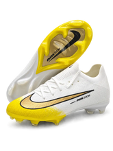 Nike Mercurial/マーキュリアル FG ホワイトとイエローのサッカースパイク、ゴールドのスウッシュとイエローのソールプレート