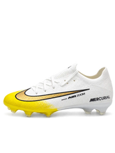 Nike Mercurial/マーキュリアル FG ホワイトとイエローのサッカースパイク、ゴールドのスウッシュとイエローのソールプレート