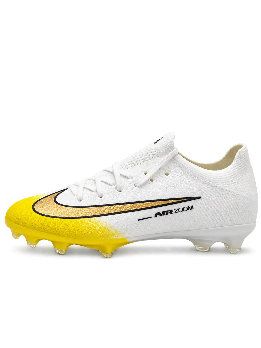 Nike Mercurial/マーキュリアル FG ホワイトとイエローのサッカースパイク、ゴールドのスウッシュとイエローのソールプレート