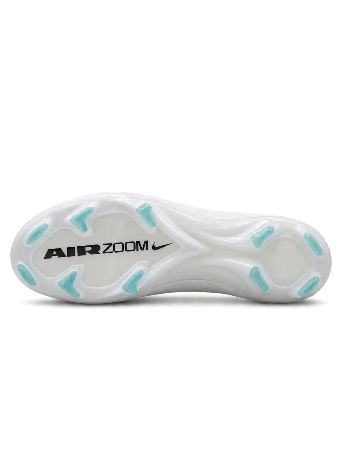 Nike Mercurial/マーキュリアル ホワイトのローカットサッカースパイク、ブラックのグラフィックスウッシュとミントグリーンのスタッド、AIR ZOOM表記入りアウトソール
