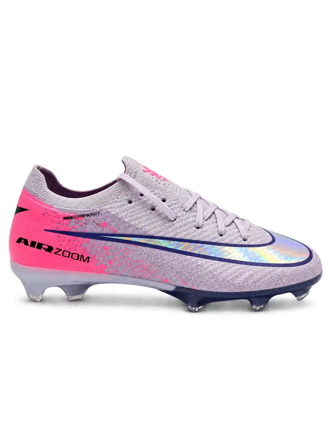 Nike Mercurial/マーキュリアル FG ライラックとピンクのサッカースパイク、虹色のスウッシュとブルーのAIR ZOOMソール面