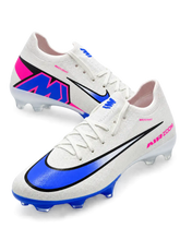 Nike Mercurial/マーキュリアル FG ホワイトのサッカースパイク、ブルーのグラデーションスウッシュとかかとのMロゴ