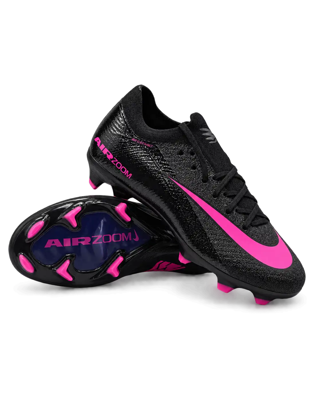 Nike Mercurial/マーキュリアル FG ブラックのサッカースパイク、ピンクのスウッシュとピンクのスタッドを備えたソール面