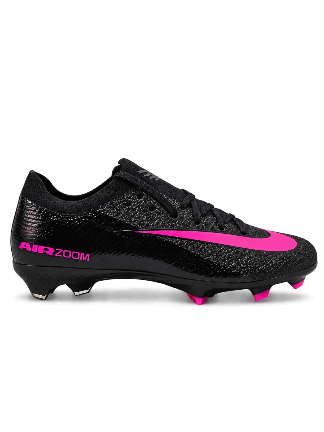 Nike Mercurial/マーキュリアル FG ブラックのサッカースパイク、ピンクのスウッシュとピンクのスタッドを備えたソール面