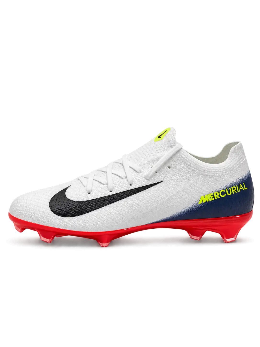Nike Mercurial/マーキュリアル FG ホワイトのサッカースパイク、ネイビーのスウッシュとレッドのソールプレート