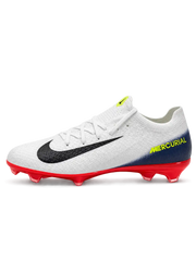 Nike Mercurial/マーキュリアル FG ホワイトのサッカースパイク、ネイビーのスウッシュとレッドのソールプレート