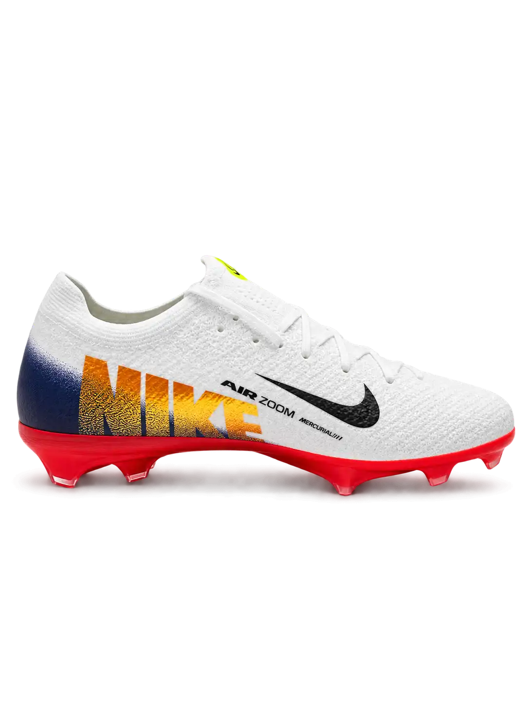 Nike Mercurial/マーキュリアル FG ホワイトのサッカースパイク、ネイビーのスウッシュとレッドのソールプレート