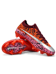 Nike Mercurial/マーキュリアル FG オレンジとピンクのサファリ柄サッカースパイク、シルバーのスウッシュとレッドのソールプレート