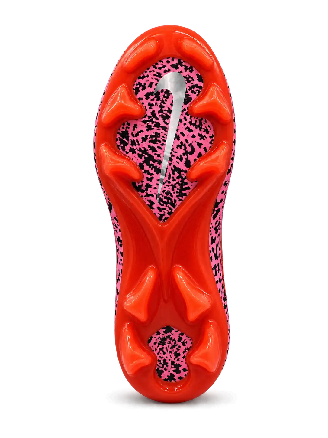 Nike Mercurial/マーキュリアル FG オレンジとピンクのサファリ柄サッカースパイク、シルバーのスウッシュとレッドのソールプレート