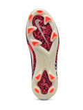 Nike Mercurial/マーキュリアル バーガンディのサッカースパイク、シルバーのスウッシュ、レッドとブラックのサファリ調グラフィック、レッドのスタッドを備えた斜め前方からの写真
