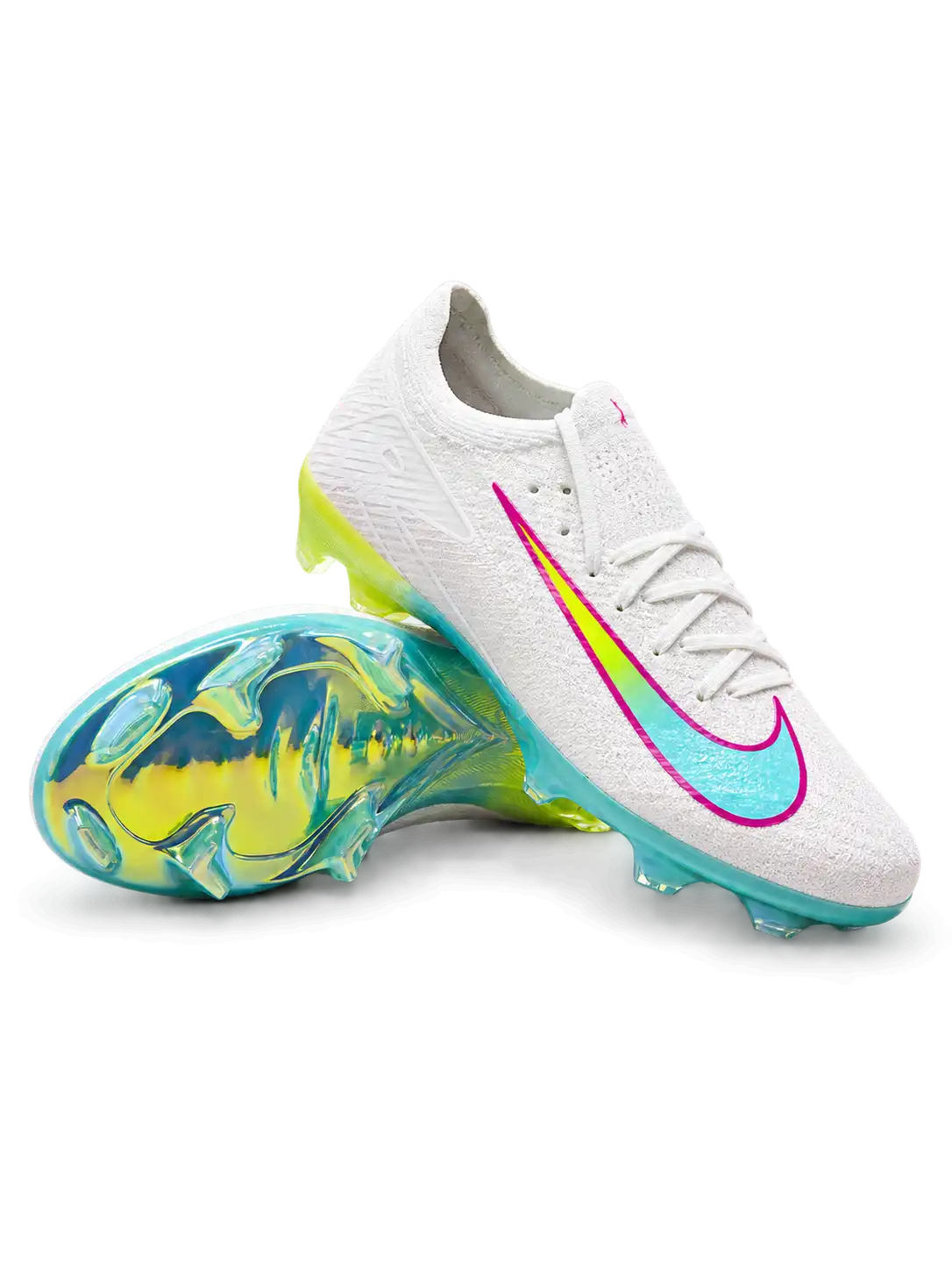 Nike Mercurial/マーキュリアル FG ホワイトとターコイズのサッカースパイク、グラデーションのスウッシュと虹色のソールプレート