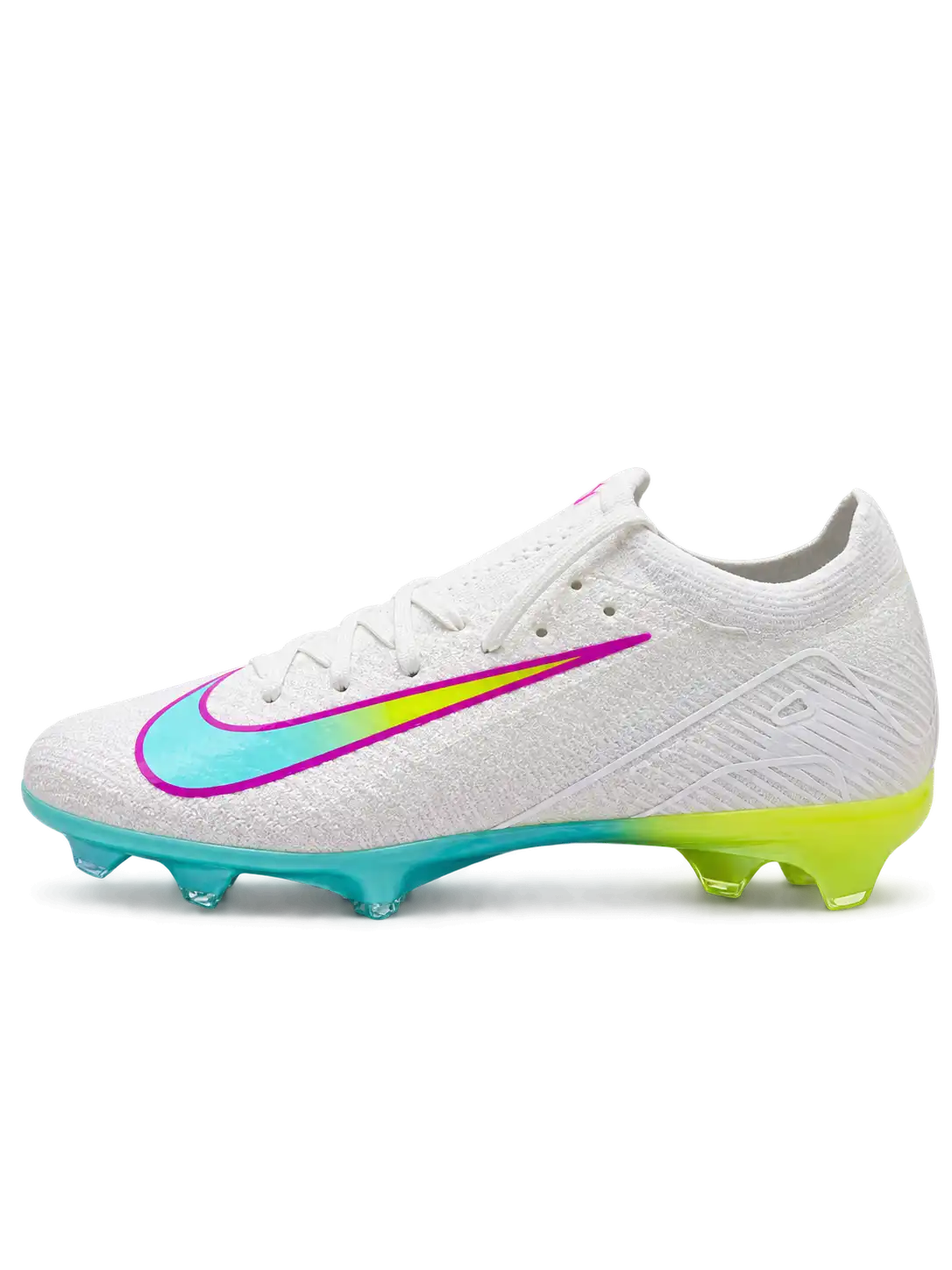 Nike Mercurial/マーキュリアル FG ホワイトとターコイズのサッカースパイク、グラデーションのスウッシュと虹色のソールプレート