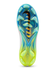 Nike Mercurial/マーキュリアル FG ホワイトとターコイズのサッカースパイク、グラデーションのスウッシュと虹色のソールプレート