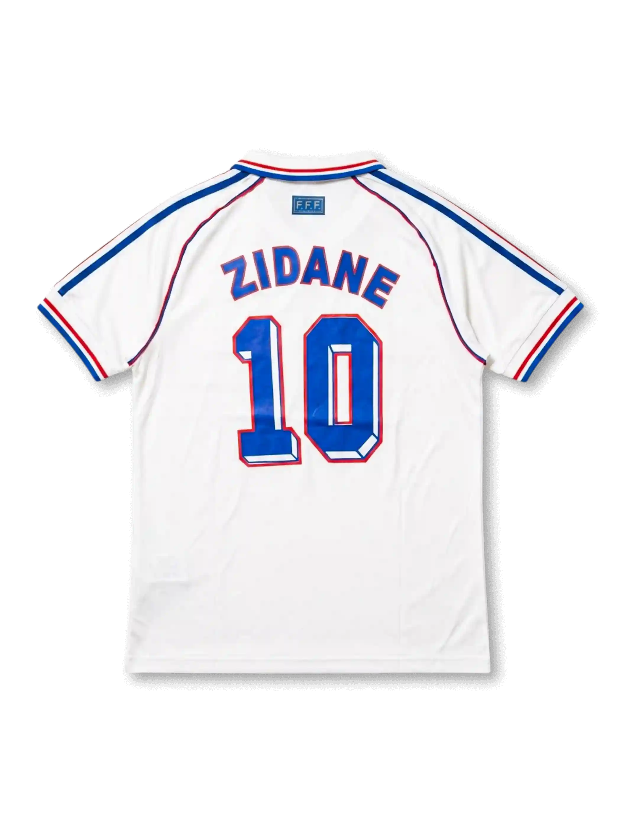 フランス代表 1998 FIFAワールドカップ アウェイ ジダン10番 フロント(ホワイト+トリコロール肩ストライプ+FIFA WORLD CUP FRANCE 98刺繍+FFFガリックロースター・エンブレム+ブルーホリゾンタルバンド+ブルー背番号10)