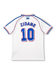 フランス代表 1998 FIFAワールドカップ アウェイ ジダン10番 フロント(ホワイト+トリコロール肩ストライプ+FIFA WORLD CUP FRANCE 98刺繍+FFFガリックロースター・エンブレム+ブルーホリゾンタルバンド+ブルー背番号10)