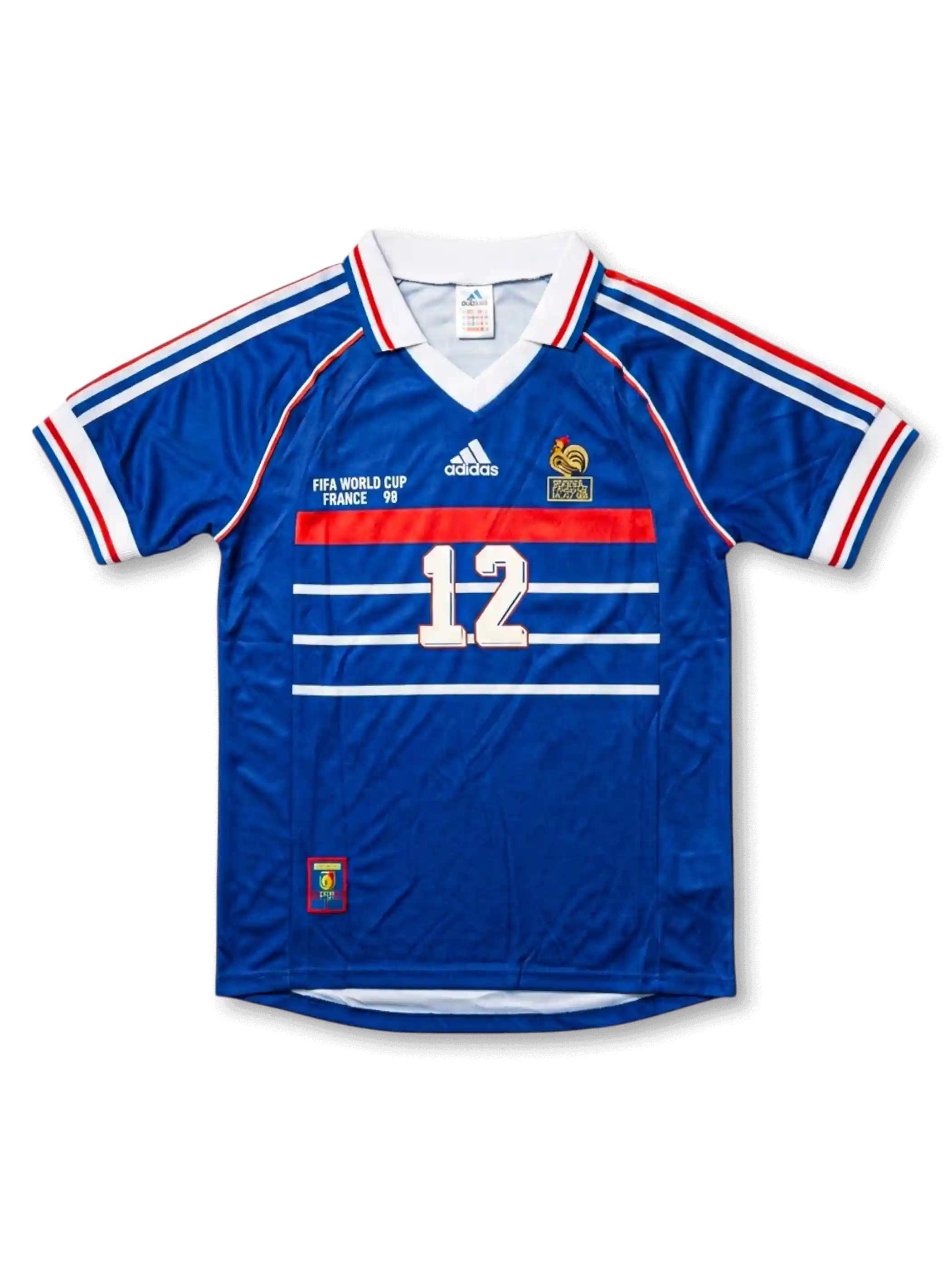 フランス代表 1998年W杯 ホームジャージ 前面 — ロイヤルブルー×赤白横ストライプ×FIFA WORLD CUP FRANCE 98表記×FFFコック刺繍エンブレム×12番