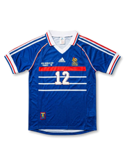 フランス代表 1998年W杯 ホームジャージ 前面 — ロイヤルブルー×赤白横ストライプ×FIFA WORLD CUP FRANCE 98表記×FFFコック刺繍エンブレム×12番