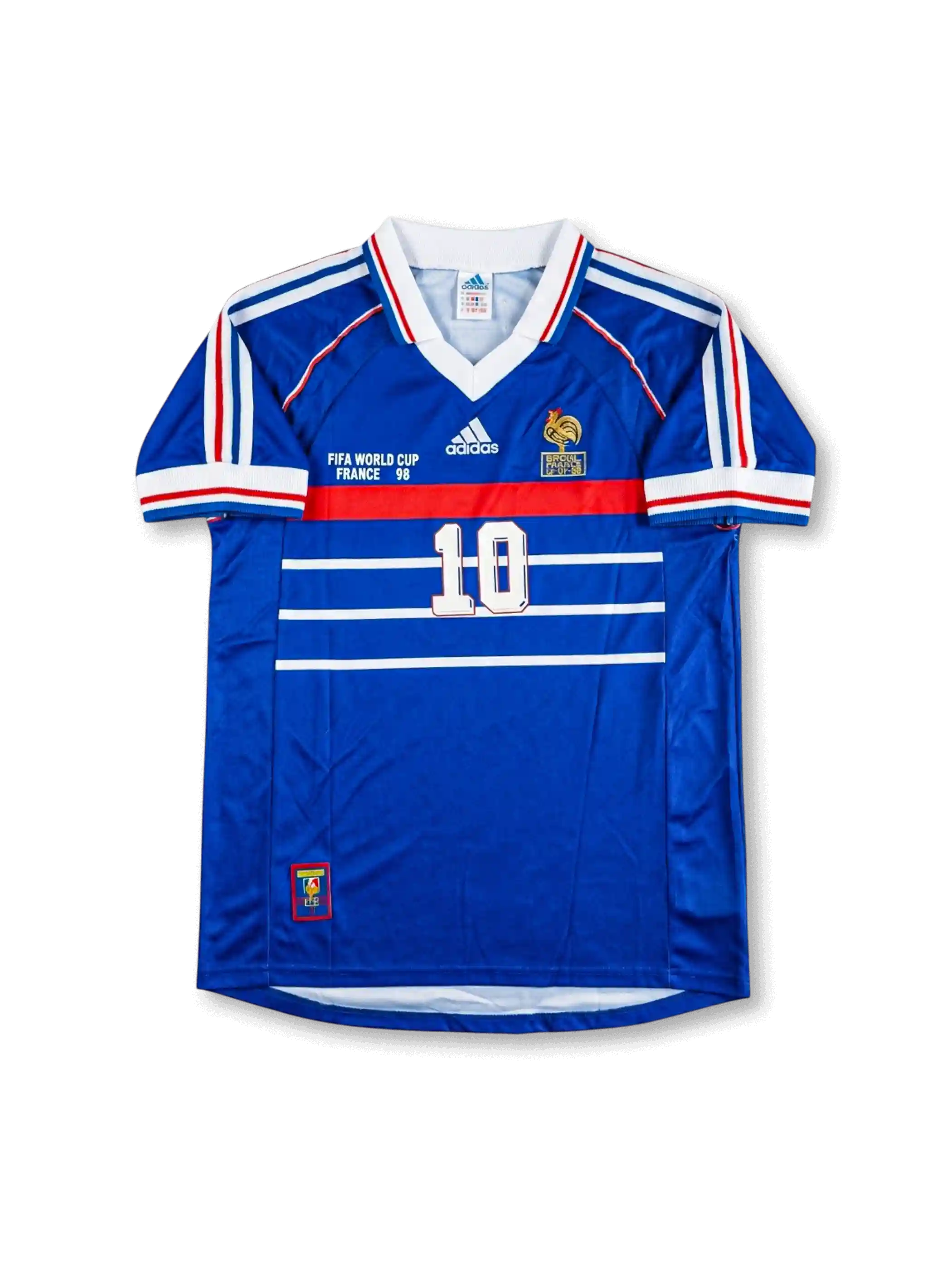 フランス代表 1998年W杯 ホームジャージ 前面 — ロイヤルブルー×赤白横ストライプ×FIFA WORLD CUP FRANCE 98表記×FFFコック刺繍エンブレム×10番