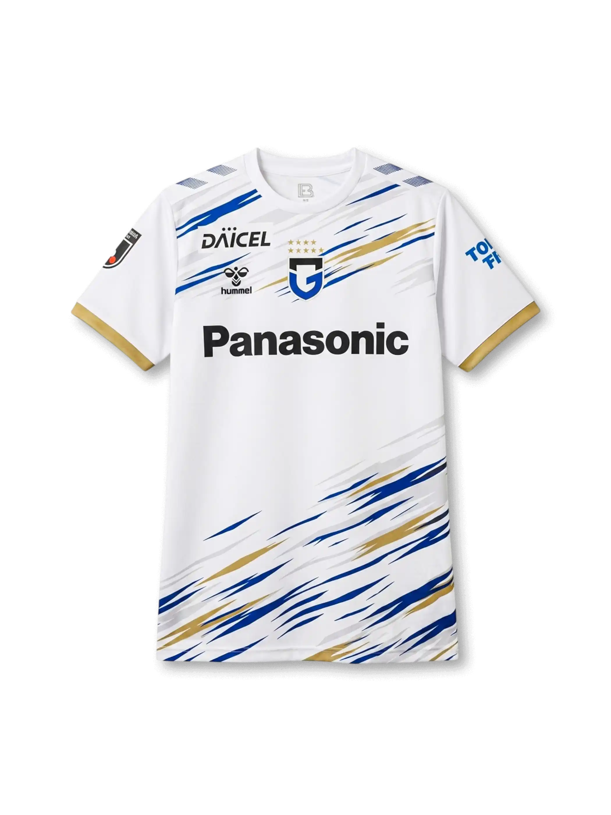 ガンバ大阪 2026/27 アウェイジャージ 前面 — ホワイト×ブルー×ゴールドスクラッチグラフィック×Panasonicロゴ×五星エンブレム