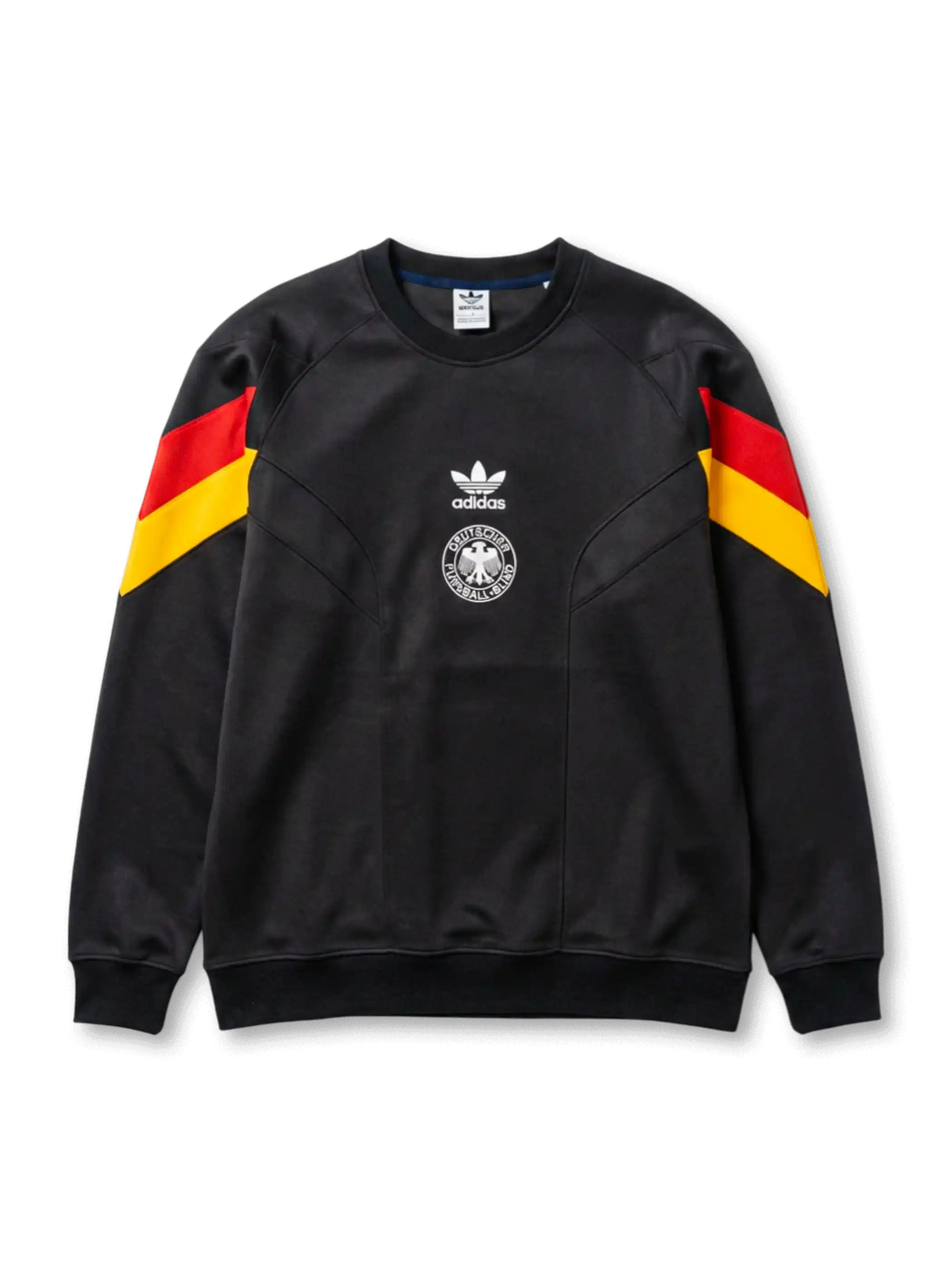 ドイツ代表 adidas Originals アーカイブスウェット正面、ブラック×赤黄シェブロン・DFBワシエンブレム・トレフォイル中央配置