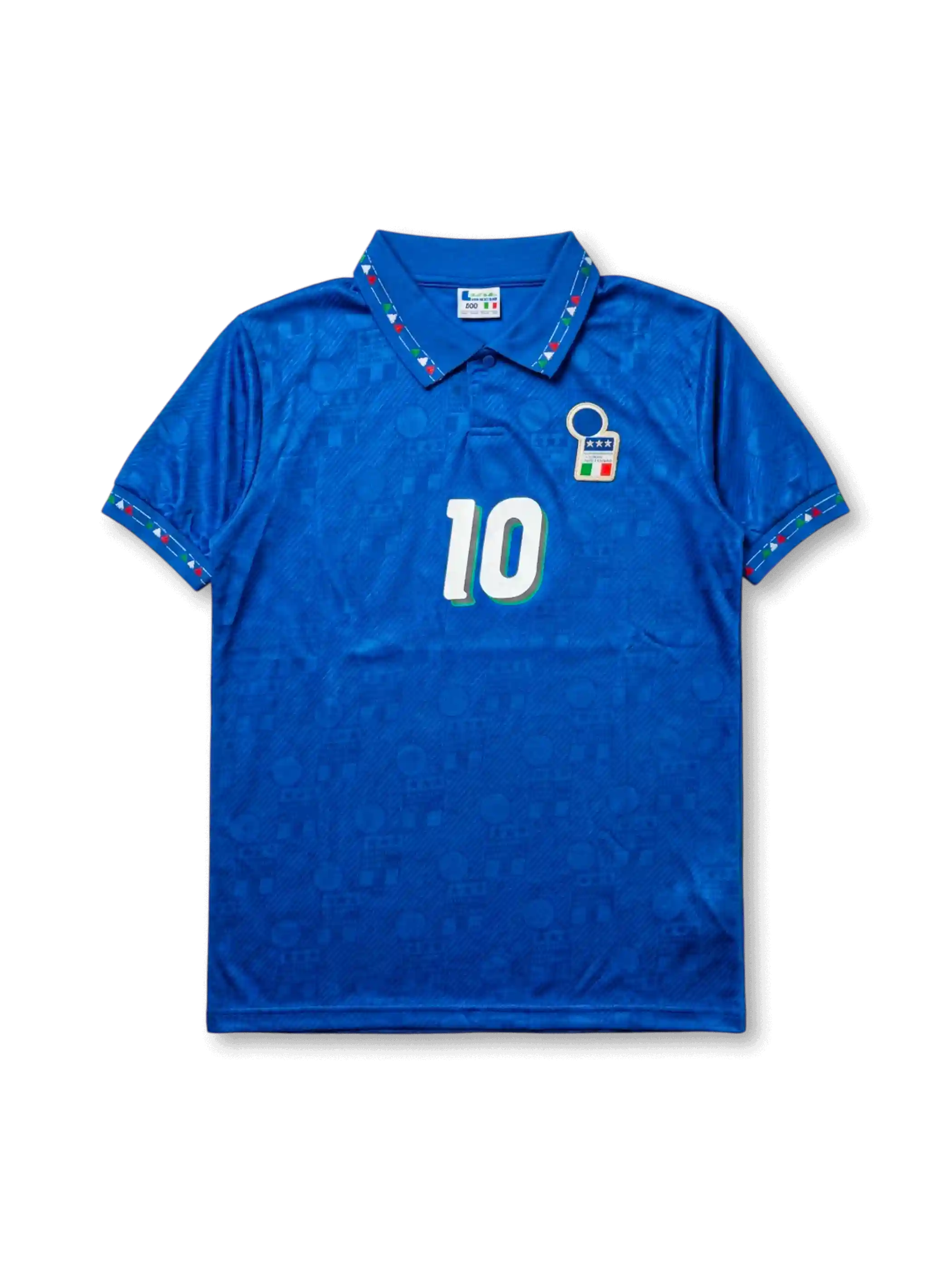 イタリア代表 1994 ワールドカップ ホーム R. バッジョ10番 フロント(アズーロ×トリコロール三角トリム+FIGC王冠+3つ星エンブレム+大型背番号10+トーナル・ジャカード織りグラフィック)