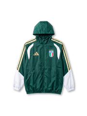 イタリア代表 2026 アンセムフーデッドジャケット 前面 — ダークグリーン×ゴールド3ストライプ×ホワイト袖×四星FIGCエンブレム