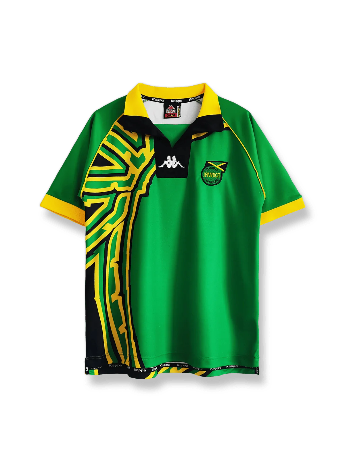 1998シーズンのジャマイカ代表アウェイユニフォーム、ウォルター・スミス・ネイサン・ブレイク着用、白基調のシンプルデザイン