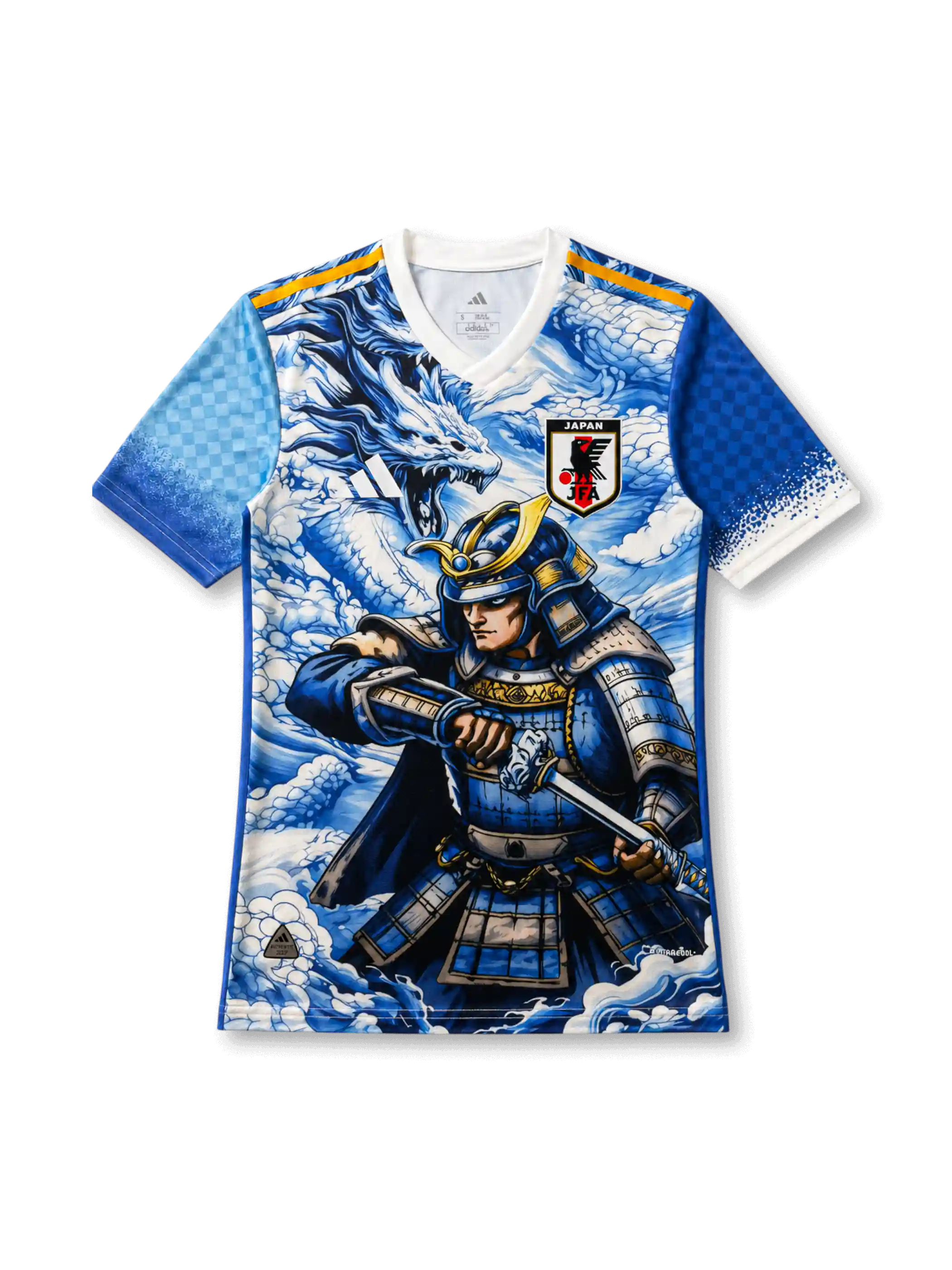 日本代表 スペシャルエディション「龍鱗武者」 Authentic フロント(甲冑武者+青龍ファインアートグラフィック+JFA八咫烏エンブレム+市松模様袖トリム+adidasロゴ)