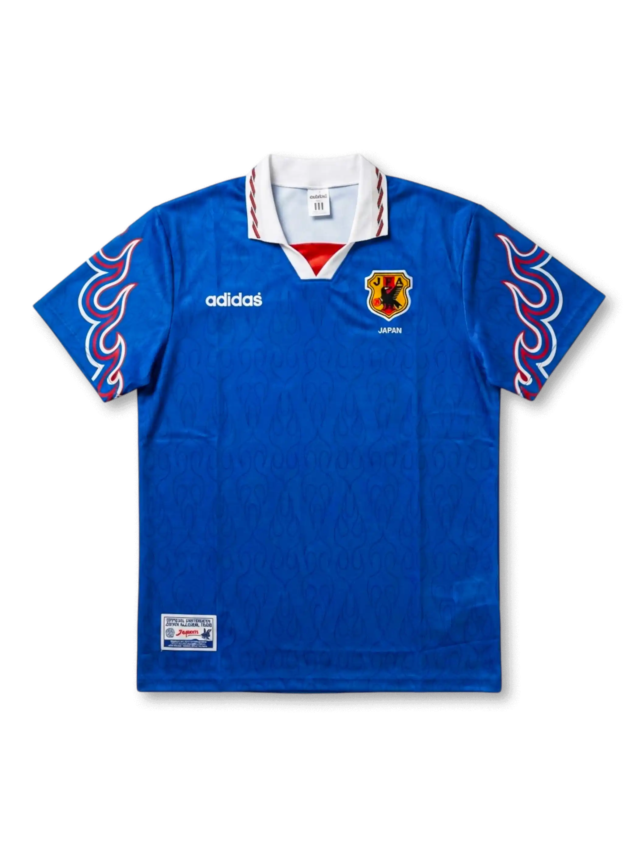 日本代表 1996–1998参照 復刻ホームジャージ 前面 — ロイヤルブルー×赤白炎袖×八咫烏JFAエンブレム×ジャカード暗紋