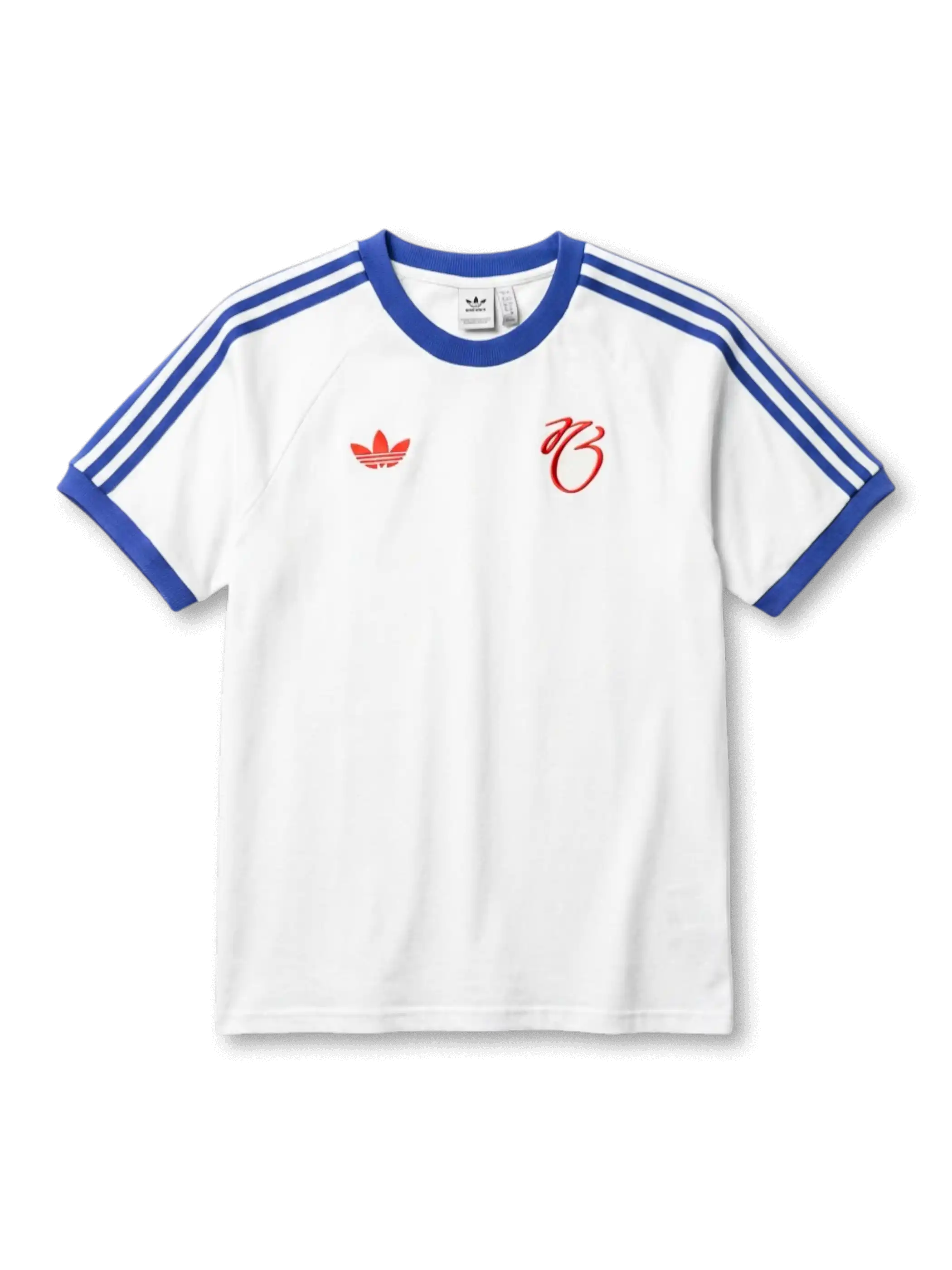 ジュード・ベリンガム×adidas OriginalsライフスタイルTシャツ正面、ホワイト×ロイヤルブルー3本ストライプ・ベリンガム筆記体Bシグネチャーロゴ・レッドトレフォイル